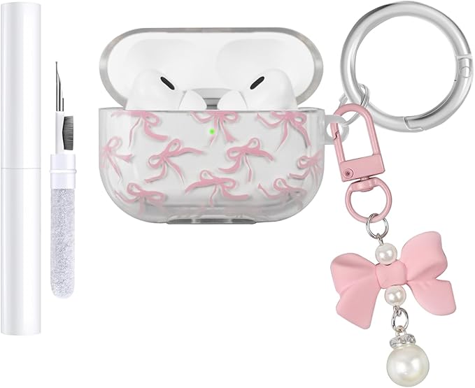 Compatible with AirPods Pro 2 Case Cover 2022, Soft TPU with Cute Flower Pattern for AirPods Pro 2nd/1st Generation Case with Flower Keychain and Carabiner for Girls Women (Pink Bow)