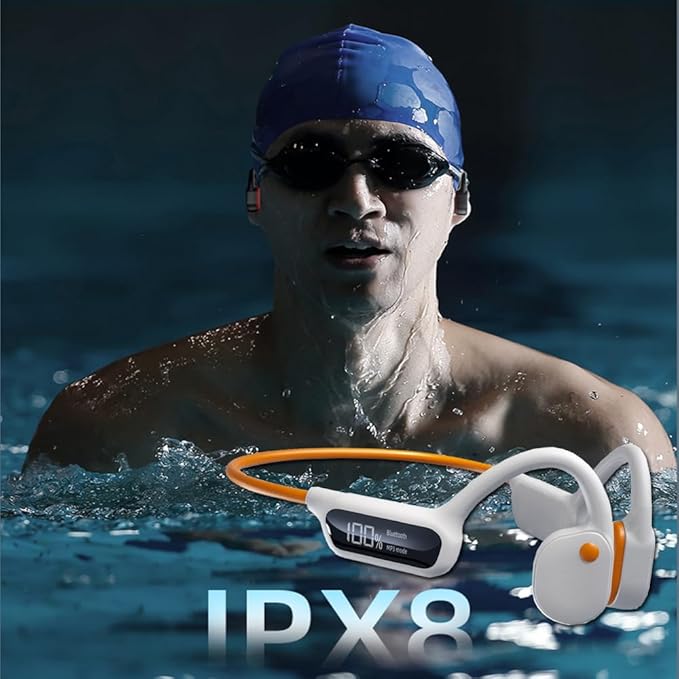 AYI True Bone Conduction Swimming Headphones with Bluetooth 5.4 & MP3 Player Mode 32GB Built-in Memory IPX8 Waterproof Screen Display Pain-Free Open-Ear Earphone for Sport and Work-X10 White