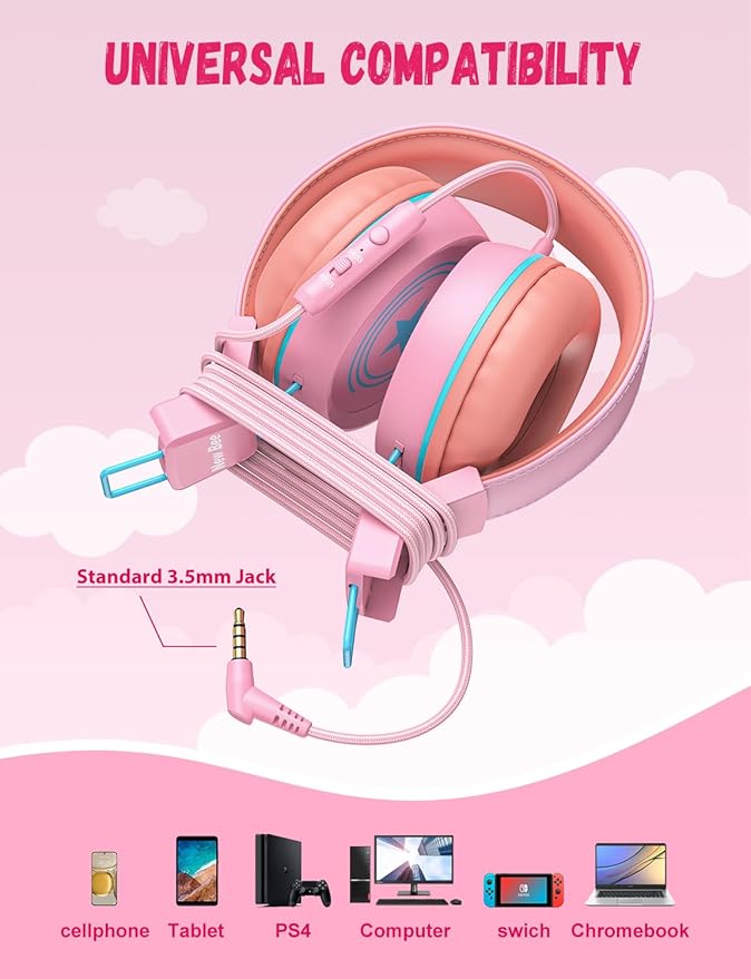 New Bee Kids Headphones for School with Microphone KH20 HD Stereo Safe Volume Limited 85dB/94dB Foldable Lightweight On-Ear Headphone for boy Mac/Android/Kindle/Tablet/Pad
