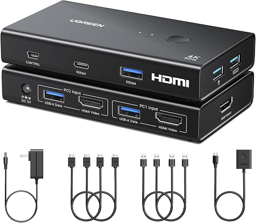 UGREEN HDMI KVM Switch 1 Monitor 2 Computers, with 4 USB 3.0 Ports, 4K@60Hz