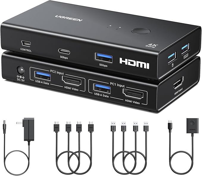 UGREEN HDMI KVM Switch 1 Monitor 2 Computers, with 4 USB 3.0 Ports, 4K@60Hz