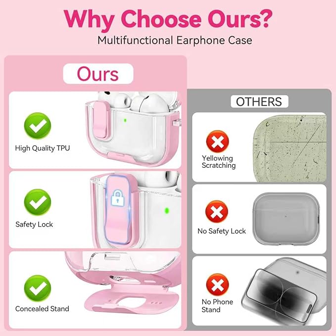 for AirPods Pro 3 Case 2025, with Keychain & Cleaner Kit, Soft TPU Cover for AirPods 3rd Generation Case with Safety Lock & Phone Stand, iPod Pro 3 Case Clear Cute Funny for Women Girls - Pink