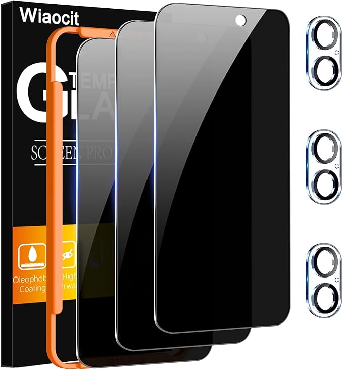 Wiaocit 3 Pack Tempered Glass Privacy Screen Protector for iPhone 16 Plus with 3 Pack Camera Lens Protector, 9H Hardness, Bubble Free, Case Friendly