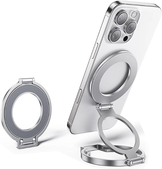Magnetic Phone Ring Holder, Foldable 2 in 1 Ring and Kickstand Adjustable Phone Stand for Desk, Portable Cellphone Grip for iPhone 16/15/14/13/12 Series and Other Phones