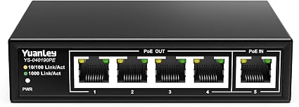 YuanLey 5 Port PoE Extender Gigabit with 4 PoE Out, 90W in, IEEE 802.3af/at/bt Mini 5 Channel Switch1000Mbps, Metal Casing, 6KV Lightning Protection, Passthrough Switch, Plug and Play