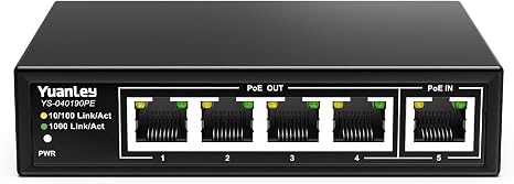 YuanLey 5 Port PoE Extender Gigabit with 4 PoE Out, 90W in, IEEE 802.3af/at/bt Mini 5 Channel Switch1000Mbps, Metal Casing, 6KV Lightning Protection, Passthrough Switch, Plug and Play