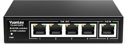 YuanLey 5 Port PoE Extender Gigabit with 4 PoE Out, 90W in, IEEE 802.3af/at/bt Mini 5 Channel Switch1000Mbps, Metal Casing, 6KV Lightning Protection, Passthrough Switch, Plug and Play