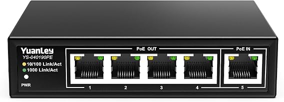 YuanLey 5 Port PoE Extender Gigabit with 4 PoE Out, 90W in, IEEE 802.3af/at/bt Mini 5 Channel Switch1000Mbps, Metal Casing, 6KV Lightning Protection, Passthrough Switch, Plug and Play