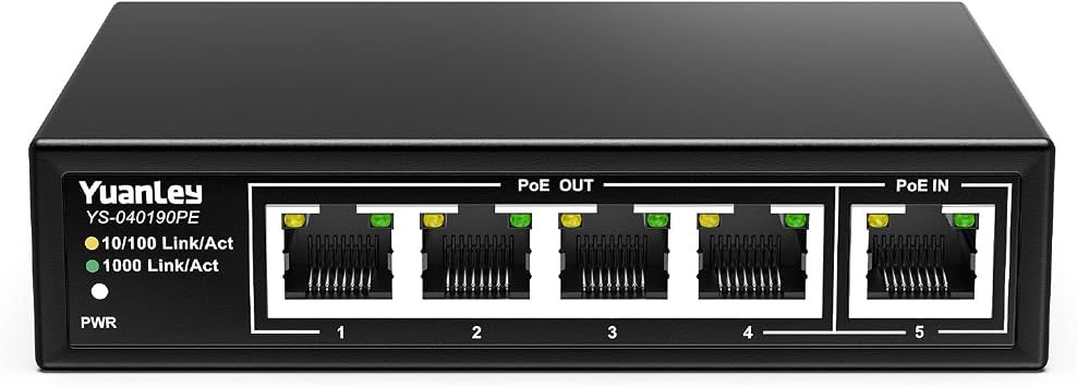YuanLey 5 Port PoE Extender Gigabit with 4 PoE Out, 90W in, IEEE 802.3af/at/bt Mini 5 Channel Switch1000Mbps, Metal Casing, 6KV Lightning Protection, Passthrough Switch, Plug and Play