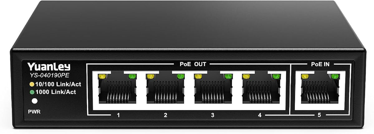 YuanLey 5 Port PoE Extender Gigabit with 4 PoE Out, 90W in, IEEE 802.3af/at/bt Mini 5 Channel Switch1000Mbps, Metal Casing, 6KV Lightning Protection, Passthrough Switch, Plug and Play