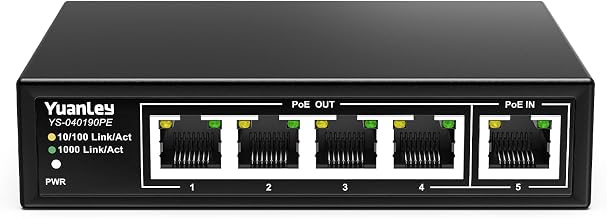 YuanLey 5 Port PoE Extender Gigabit with 4 PoE Out, 90W in, IEEE 802.3af/at/bt Mini 5 Channel Switch1000Mbps, Metal Casing, 6KV Lightning Protection, Passthrough Switch, Plug and Play - Image 1