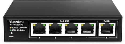 YuanLey 5 Port PoE Extender Gigabit with 4 PoE Out, 90W in, IEEE 802.3af/at/bt Mini 5 Channel Switch1000Mbps, Metal Casing, 6KV Lightning Protection, Passthrough Switch, Plug and Play - Image 1