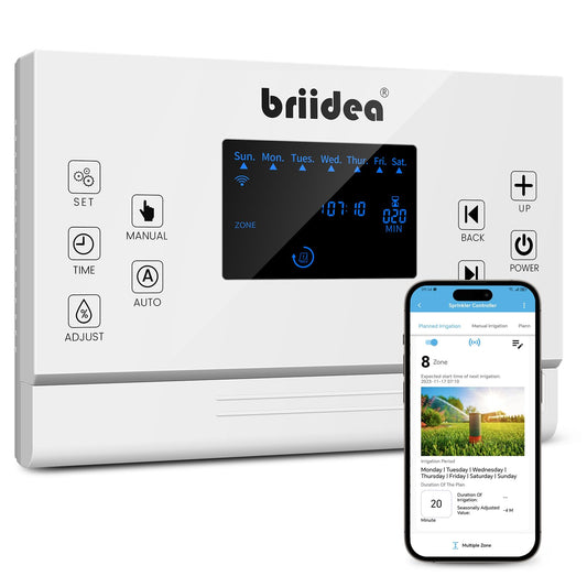 8 Zones WiFi Smart Sprinkler Controller, Briidea Automatic Irrigation Controller with Custom Watering Schedule and Seasonal Adjustment for Efficient Watering and Healthy Plants