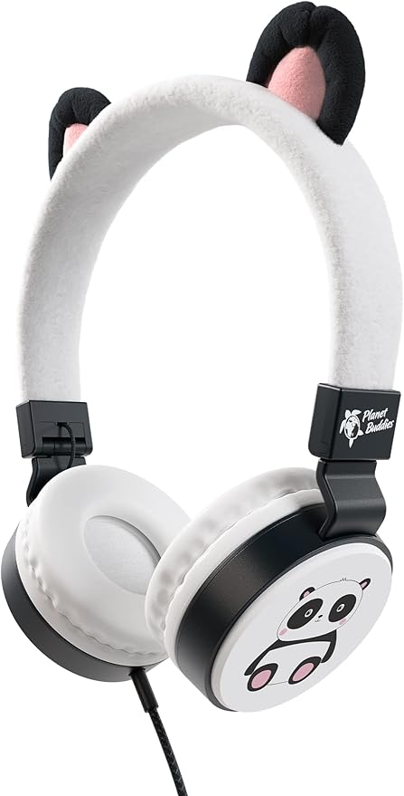 Planet Buddies Kids Headphones for School Travel, Safe Volume Limited, HD Mic Stereo Sound On-Ear Girls Boys Headphones for Kid, Foldable 3.5mm Wired Kids Earphones for iPad Computer - Furry Panda