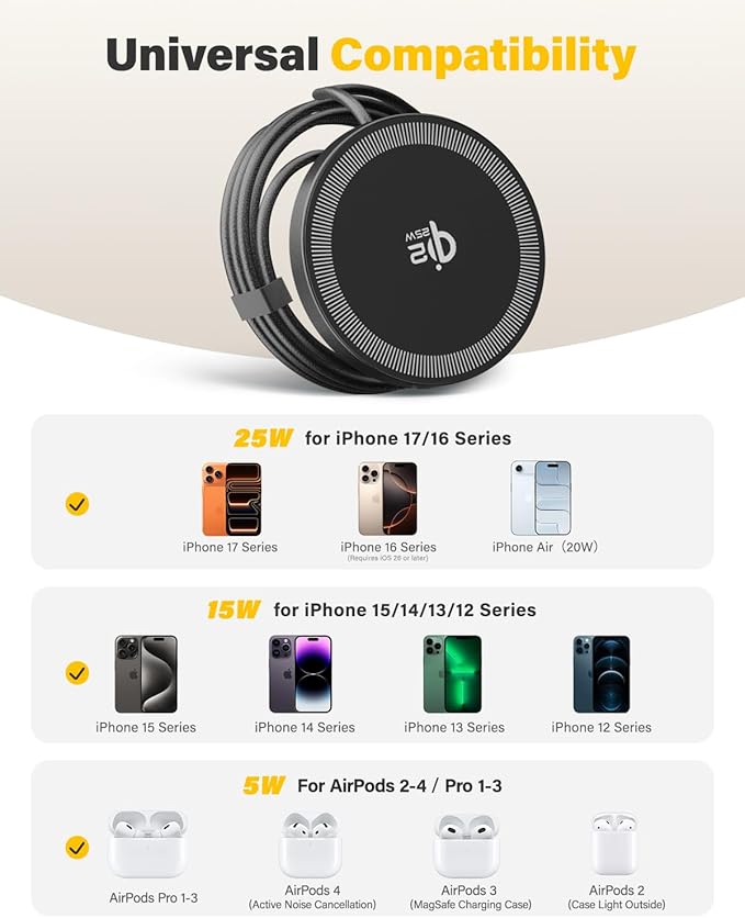 25W Qi2.2 Magnetic Wireless Charger, Fast Charging Pad for iPhone 17/16/15/14/13/12 Series & AirPods, Strong Magnet, Portable for Travel Home Office (Elegant Black, 2Pack)