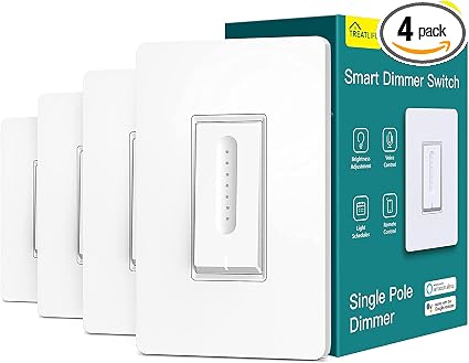 TREATLIFE Smart Dimmer Switch 4 Pack, Single Pole Smart Switch Works with Alexa and Google Home, Neutral Wire Required, 2.4GHz WiFi Dimmer Light Switch for LED, CFL, Incandescent Bulbs
