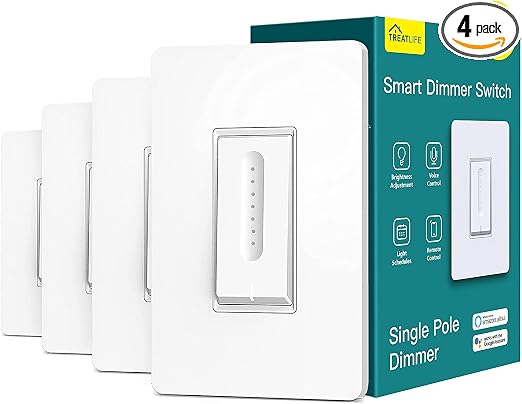 TREATLIFE Smart Dimmer Switch 4 Pack, Single Pole Smart Switch Works with Alexa and Google Home, Neutral Wire Required, 2.4GHz WiFi Dimmer Light Switch for LED, CFL, Incandescent Bulbs