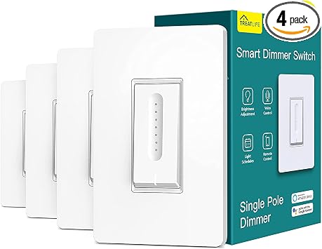 TREATLIFE Smart Dimmer Switch 4 Pack, Single Pole Smart Switch Works with Alexa and Google Home, Neutral Wire Required, 2.4GHz WiFi Dimmer Light Switch for LED, CFL, Incandescent Bulbs