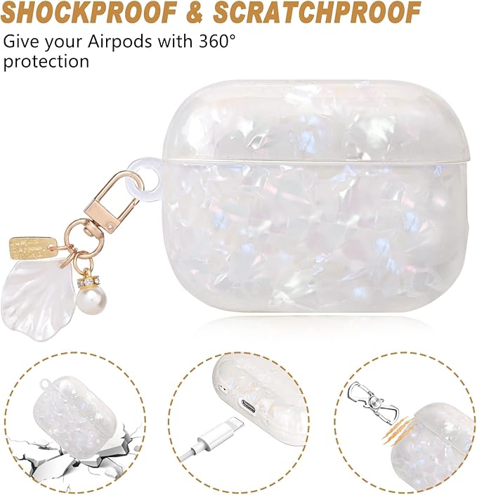 Cute AirPod Pro 2 Case with Shell Pearl Keychain Bling Marble Design Hard TPU Cover Compatible with AirPods Pro 2nd Generation 2022 Case for Women and Girls