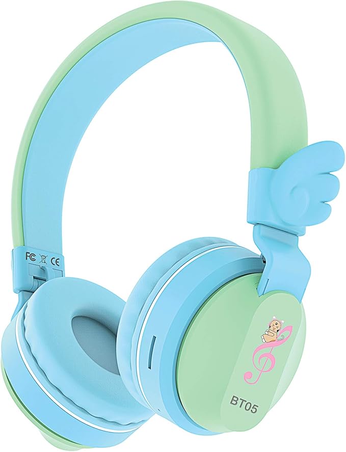 Riwbox BT05 Bluetooth Kids Headphones Wireless Foldable Headset Over Ear with Volume Limited and Mic/TF Card Compatible for iPad/iPhone/Tablet (Green&Blue)