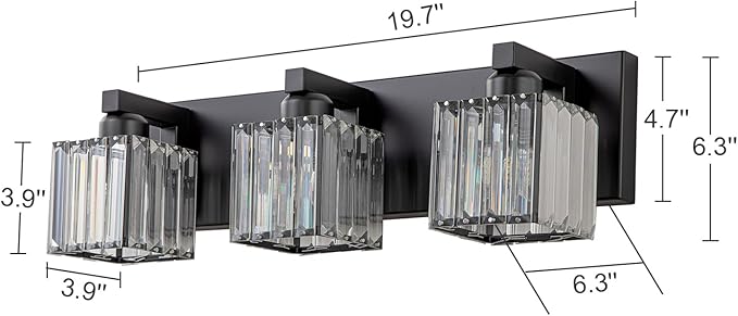 3-Light Black Bathroom Vanity Light, 19.7" Modern Crystal Bathroom Light Fixtures Over Mirror, Black Wall Light