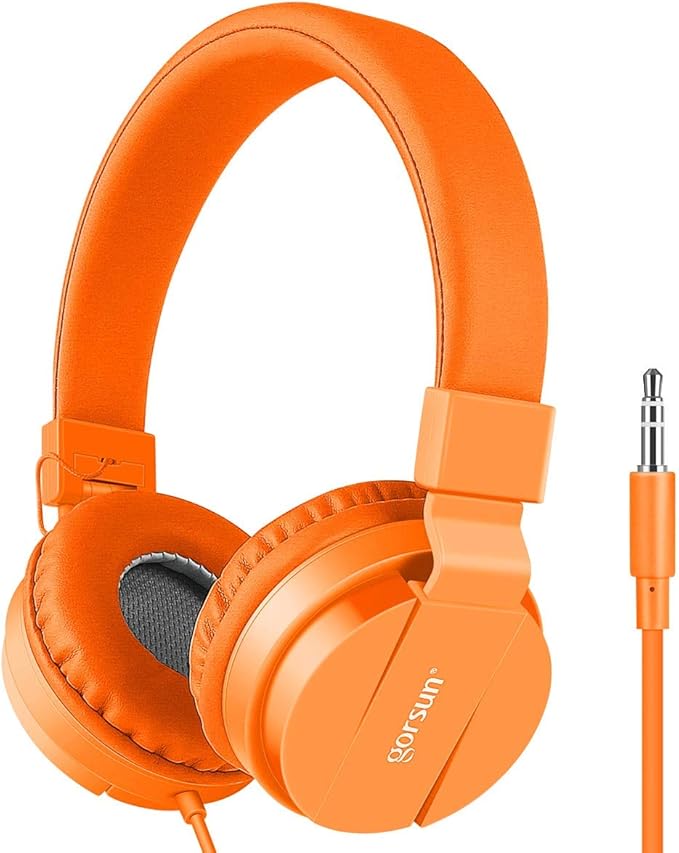 gorsun Kids Headphones, Lightweight Stereo Wired Toddler Headphones，Adjustable Headband Children's Headset for Smartphones Computer Pad Earphones(Orange)