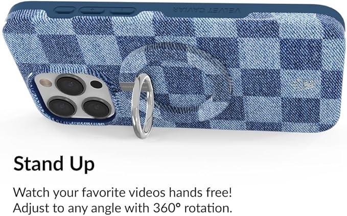 VELVET CAVIAR Compatible with MagSafe Phone Grip - Magnetic Ring Holder with Adjustable Stand - Removable MagSafe Accessories for iPhone 16, 15, 14, 13, 12 (Blue Denim Vibe Checkered)