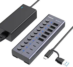 FIDECO 60W Powered USB Hub for Laptop and PC, 10-Port 10Gbps USB Splitter with 12V 5A Power Adapter, Aluminum USB 3.2 Gen 2 Multiport Adapter, 6 USB-A and 4 USB-C Ports, Support BC1.2 Charging