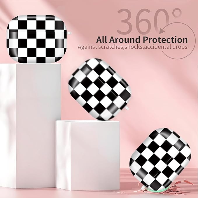 Compatible with AirPods Pro 3rd Generation 2025 Case Cover with Gold Keychain - Cute Protective Hard AirPod Pro 3 Cases for Women - Black White Checkered