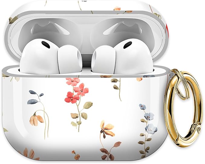 Cute Hard Case Compatible with AirPods Pro 3rd Generation Case (2025), Shockproof Protective Cover with Golden Keychain Ring Clip (Abstract Wildflowers and Plants)