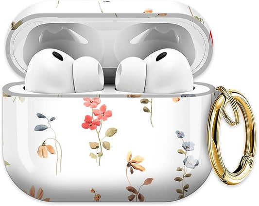 Cute Hard Case Compatible with AirPods Pro 3rd Generation Case (2025), Shockproof Protective Cover with Golden Keychain Ring Clip (Abstract Wildflowers and Plants)