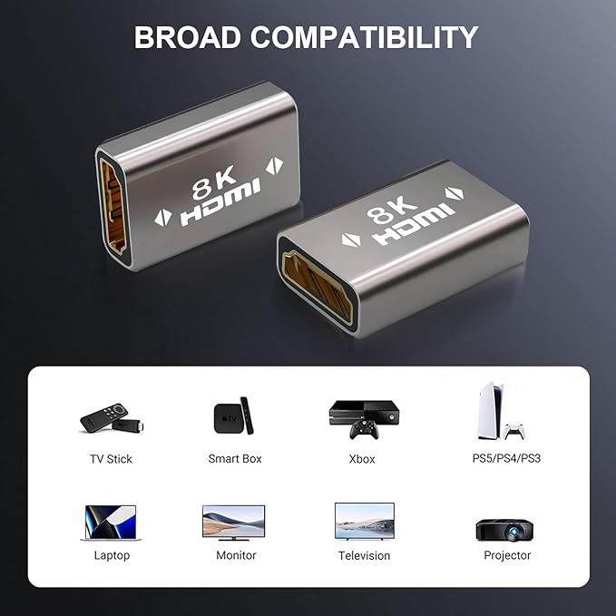 HDMI Coupler 8K, HDMI 2.1 Female to Female Connector HDMI Extension Adapter, Support 8K@60Hz / 4K@120Hz 120UHD, 7680 * 4320 Resolution, 3D, HDR, ARC for Laptop, PC, Monitor, Roku TV, 2 Pack