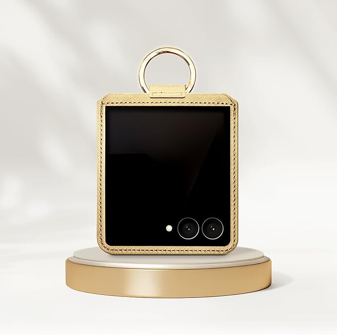 [BeYourSanta] Galaxy Z Flip 7 Case with Ring - Avant-Garde Handmade Saffiano Vegan Leather Case, Anti-Scratch Hinge Protection, Made in Korea (1 Pocket, Fortuna Gold)