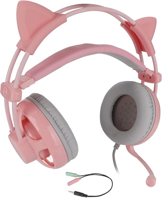 Cute Pink Cat Ears Gaming Headset for, 7.1 Surround Headband Wired Gaming Headset Bass Surround and Noise Cancelling with Mic for Laptop PC Smartphones (Grey and Pink)
