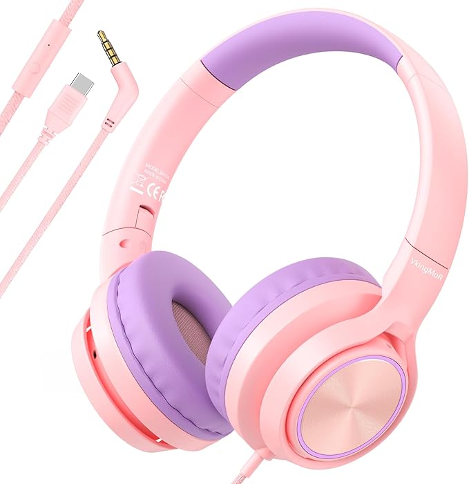 Kids Headphones for School Travel, Upgrade USB Type C Safe Volume 94dB, with Mic HD Stereo Sound Foldable On-Ear Headphones for Boys/Girls/Students/Tablet/Travel Pink