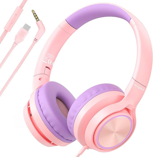 Kids Headphones for School Travel, Upgrade USB Type C Safe Volume 94dB, with Mic HD Stereo Sound Foldable On-Ear Headphones for Boys/Girls/Students/Tablet/Travel Pink
