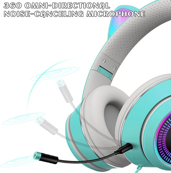 Cat Ear Gaming Headphones Wired AUX 3.5mm with LED Light, VIGROS Flashing Stereo Game Headphones Surround Sound Over-Ear Headsets with Microphone Fit Kids & Adult for PC, PS4, Switch, Mobile, Laptop