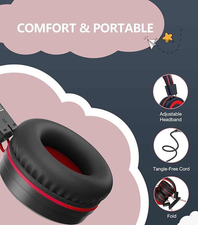 Upgrade USB Type C Kids Headphone for School, 94dB Safe Volume Limited, HD Stereo Sound, Foldable Lightweight On-Ear Headphones for Boys/Girls/Students/Tablet/Travel (Red Black)