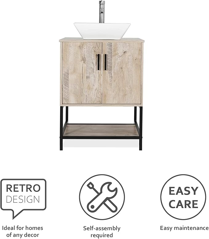 eclife 24" Bathroom Vanity Sink Combo Modern Metal Stand Cabinet W/Bottom Shelf White Square Vessel Sink & Water Save Faucet & Pop Up Drain, Oak (A07)