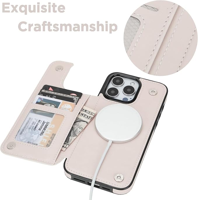uCOLOR for iPhone 14 Pro Max 6.7" Wallet Case Magsafe with Card Holder Slot【Compatible with MagSafe】 Folio Flip PU Leather Double Magnetic RFID Design (Pink Vintage Flowers)