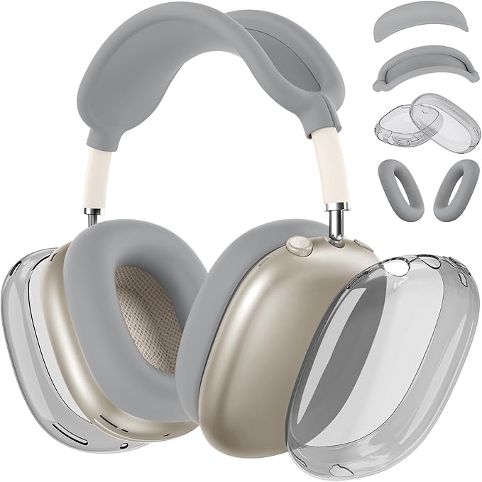 [4 in 1] Silicone Case Cover for AirPods Max Headphones,Clear Soft TPU Ear Cups Cover/Ear Pad Case Cover/Headband Cover for AirPods Max (2024/2020),Transparent Accessories for AirPod Max (USB-C), Gray