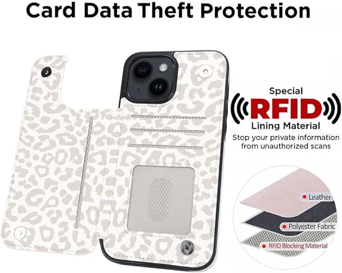 uCOLOR Compatible with iPhone 14/15 Plus 6.7" Wallet Case with Card Holder Slots Folio Flip PU Leather Kickstand Magnetic Clasp and RFID Blocking Cover (Beige Leopard)