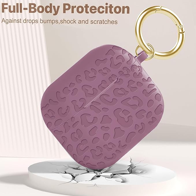 Engraved Case for AirPods 3rd Generation Carving Cover with Keychain, Leopard Skin Soft Cover for Compatible with AirPods 3rd Generation Case Full Protection,Front LED Visible,Smoke Violet