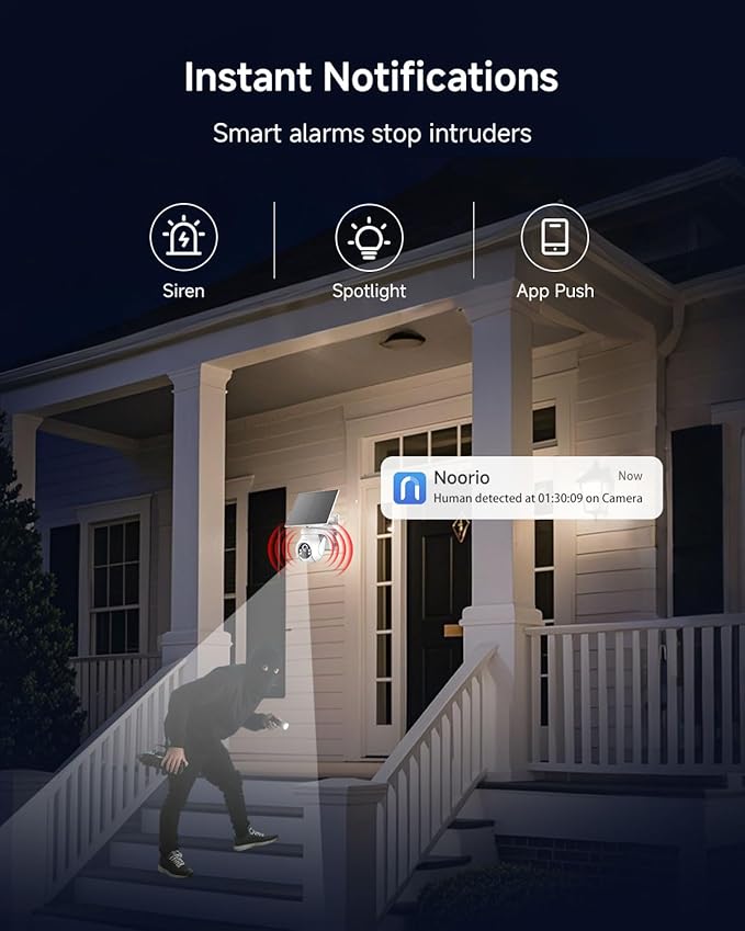 Noorio Solar Security Camera Wireless Outdoor System, 2K/4MP Battery Powered WiFi Camera for Home Security w/5W Solar Panel, 360° PTZ, Auto Tracking, Night Vision, 2-Way Talk, Cloud & SD Card Storage