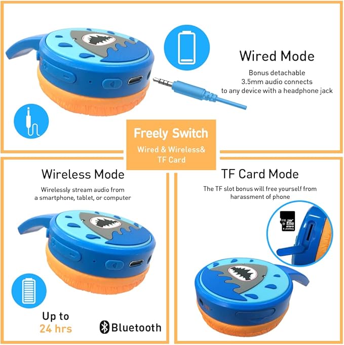Kids Bluetooth Headphones Toddler Wireless/Wired Headphone with MIC Bluetooth 5.3 Stereo Sound Sharing Function Adjustable 85dB Safe Volume Limited SD Card Slot Kid Headset for Home School