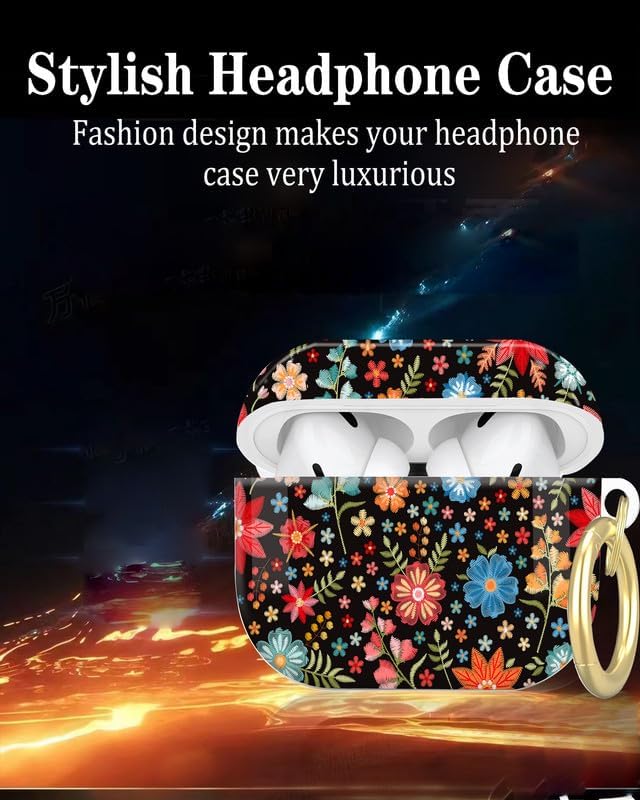 Compatible with AirPod Pro 2nd/1st Generation Case Cover with Key Chain,Full Protective Shockproof Wireless Headphone Case for Airpod Pro 2023/2022/2019(Embroidered Leaves and Flowers)