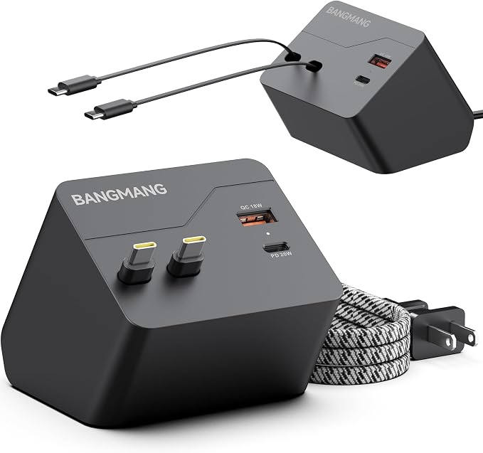 4 in 1 Retractable Charger Station with Dual USB C Cables, Black