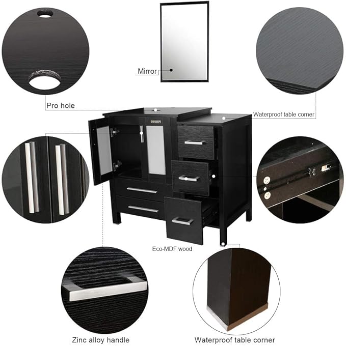 eclife 60" Modern Bathroom Vanity Sink Combo Freestanding Cabinet with Small Side Cabinet, Brown Square Glass Vessel Sink, Water Save Faucet, Drain (Black+A48)