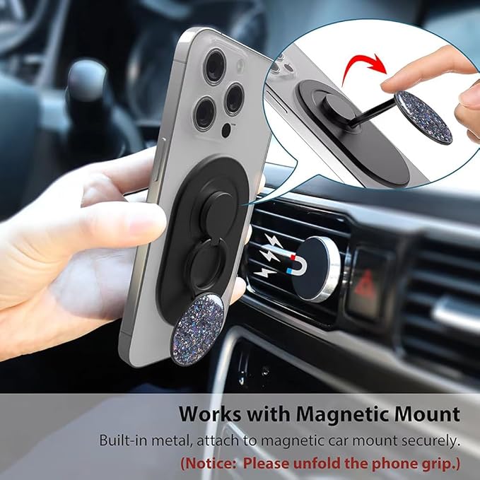 Magnetic Phone Grip for MagSafe, Phone Ring Holder Finger Kickstand Wireless Charging Compatible, Adjustable Magnet Phone Rings Gripper Stand for iPhone Mag-Safe Accessories - Sparkle Black