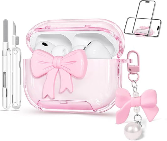 for Airpods Pro 3 Case Pink 2025 with Safety Lock & Phone Stand, 3D Bow Clear iPod Pro 3 Cases with Cute Keychain & Cleaning Kit, Soft TPU Cover for AirPods Pro 3rd Generation Case Girls Women